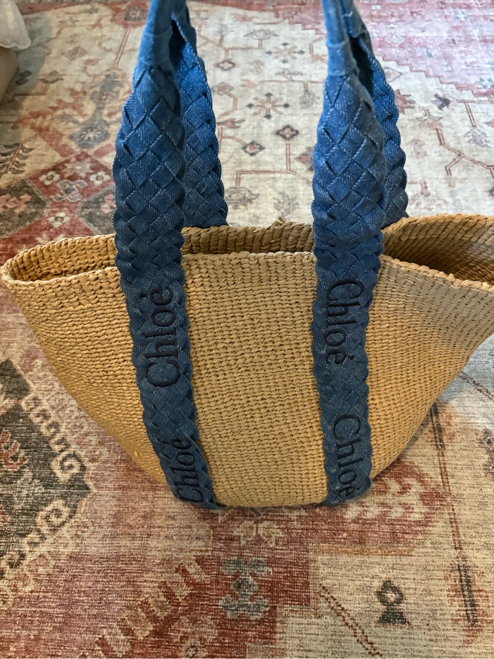 Chloé Natural Straw Tote with Navy Braided Handles - Picture 5 of 12